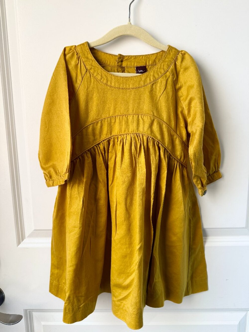 Tea Collection Mustard Yellow Cotton Empire Waist Dress | Puff Sleeve | Size 5